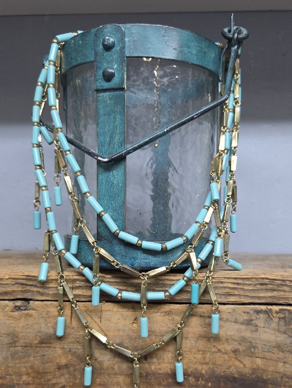 Turquoise Beaded Multi-Strand Statement Necklace - Gold Tone